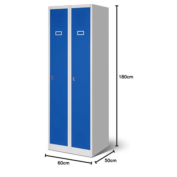 Jan Nowak Spind Schrank, Kleiderschrank, Metallschrank, Schließfachschrank | 2 Abteile mit Kleiderstange, Lüftungsschlitze, Trennwände, 4 Kleiderhaken pro Abteil | 180 cm x 60 cm x 50 cm, Grau-Blau