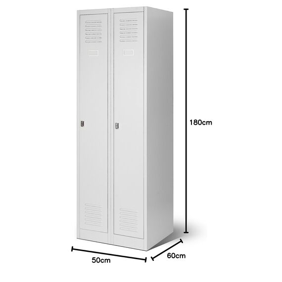 Jan Nowak Spind Schrank, Kleiderschrank, Metallschrank, Schließfachschrank | 2 Abteile mit Kleiderstange, Lüftungsschlitze, Trennwände, 4 Kleiderhaken pro Abteil | 180 cm x 60 cm x 50 cm, Grau