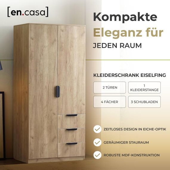 [en.casa] Kleiderschrank Eiselfing Schrank mit 2 Türen Garderobenschrank 176 x 80 x 52 cm Schlafzimmerschrank 1 Kleiderstange 4 Fächer 3 Schubladen Eicheoptik