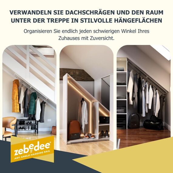 ZEBEDEE Kleiderstange Dachschräge – Geneigte Kleiderstange für Dachschrägen, Schräge Kleiderschränke, Dachboden, Schräge Wände & Stauraum Unter der Treppe – Platzsparende Aufbewahrungslösung (800 mm)