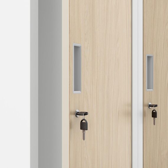 Jan Nowak Spind Schrank, Metallschrank, Schließfachschrank | 2 Abteile mit Kleiderstange, Trennwände, Lüftungsschlitze, 4 Kleiderhaken pro Abteil, Metall | 180 cm x 80 cm x 50 cm, Weiß/Sonoma Eiche