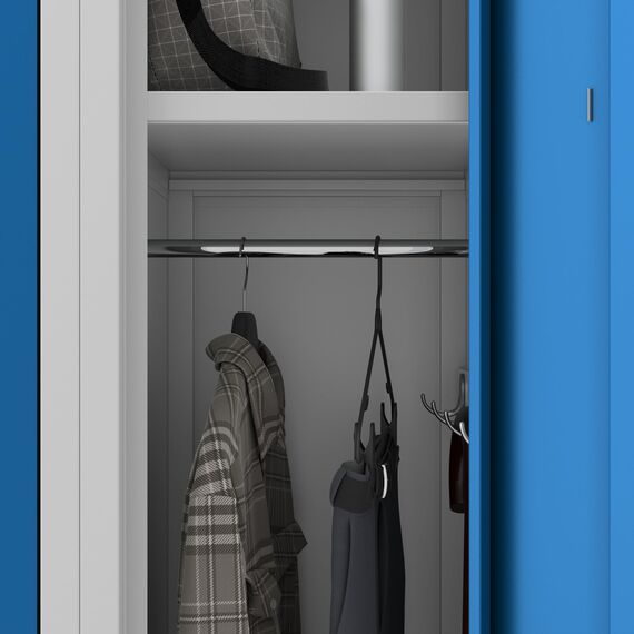 Jan Nowak Spind Schrank, Kleiderschrank, Metallschrank, Schließfachschrank | 2 Abteile mit Kleiderstange, Lüftungsschlitze, Trennwände, 4 Kleiderhaken pro Abteil | 180 cm x 60 cm x 50 cm, Grau-Blau