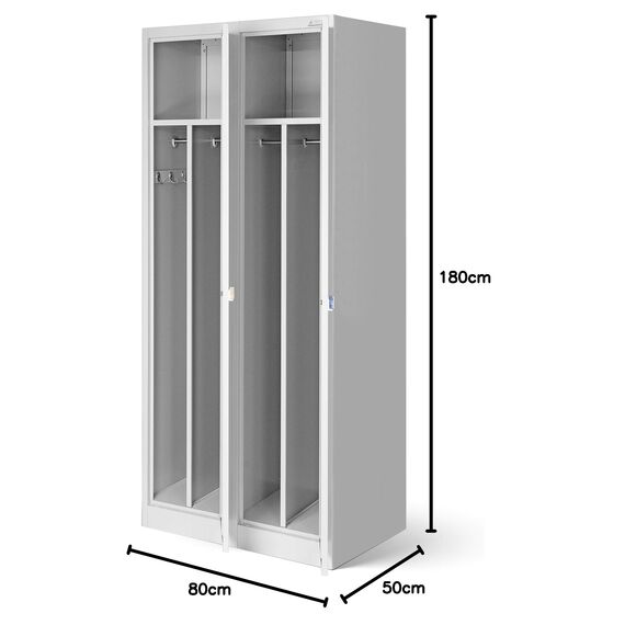 Jan Nowak Spind Schrank, Metallschrank, Kleiderschrank, Schließfachschrank | 2 Abteile mit Kleiderstange, Trennwände, Lüftungsschlitze, 4 Kleiderhaken pro Abteil | 180 cm x 80 cm x 50 cm, Grau
