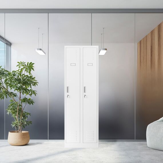 Jan Nowak Spind Schrank, Kleiderschrank, Metallschrank, Schließfachschrank | 2 Abteile mit Kleiderstange, Lüftungsschlitze, Trennwände, 4 Kleiderhaken pro Abteil | 180 cm x 60 cm x 50 cm, Weiß