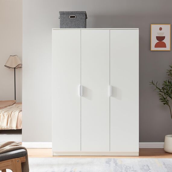 [en.casa] Kleiderschrank Eiselfing Schrank mit 3 Türen Garderobenschrank 176 x 120 x 52 cm Schlafzimmerschrank 1 Kleiderstange 4 Fächer Weiß