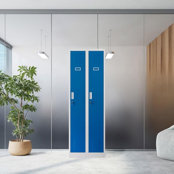 Jan Nowak Spind Schrank, Kleiderschrank, Metallschrank, Schließfachschrank | 2 Abteile mit Kleiderstange, Lüftungsschlitze, Trennwände, 4 Kleiderhaken pro Abteil | 180 cm x 60 cm x 50 cm, Grau-Blau