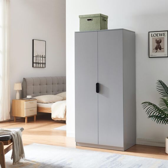 [en.casa] Kleiderschrank Eiselfing Schrank mit 2 Türen Garderobenschrank 176 x 80 x 52 cm Schlafzimmerschrank 1 Kleiderstange 1 Fach Grau