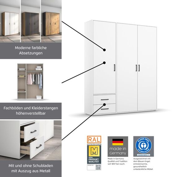 Rauch Möbel Voyager, Kleiderschrank für Schlafzimmer, Kinderzimmer, Jugendzimmer, Flur, 3-türig, mit Zubehör Classic, Farbe Weiß/Eiche Artisan, Holz, Breite 140cm