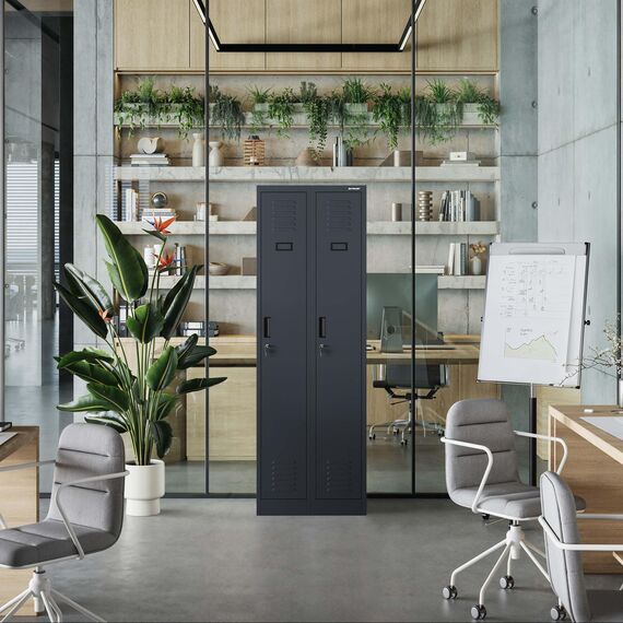 Jan Nowak Spind Schrank, Kleiderschrank, Metallschrank, Schließfachschrank | 2 Abteile mit Kleiderstange, Lüftungsschlitze, Trennwände, 4 Kleiderhaken pro Abteil | 180 cm x 60 cm x 50 cm, Anthrazit