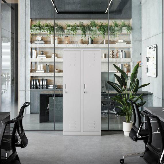Jan Nowak Spind Schrank, Metallschrank, Kleiderschrank, Schließfachschrank | 2 Abteile mit Kleiderstange, Trennwände, Lüftungsschlitze, 4 Kleiderhaken pro Abteil | 180 cm x 80 cm x 50 cm, Grau