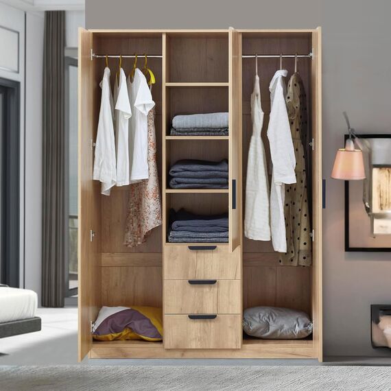 [en.casa] Kleiderschrank Eiselfing Schrank mit 3 Türen Garderobenschrank 176 x 120 x 52 cm Schlafzimmerschrank 2 Kleiderstangen 4 Fächer 3 Schubladen Eicheoptik