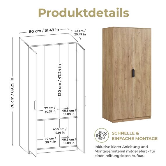 [en.casa] Kleiderschrank Eiselfing Schrank mit 2 Türen Garderobenschrank 176 x 80 x 52 cm Schlafzimmerschrank 1 Kleiderstange 1 Fach Eicheoptik