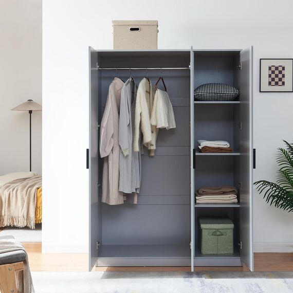 [en.casa] Kleiderschrank Eiselfing Schrank mit 3 Türen Garderobenschrank 176 x 120 x 52 cm Schlafzimmerschrank 1 Kleiderstange 4 Fächer Grau