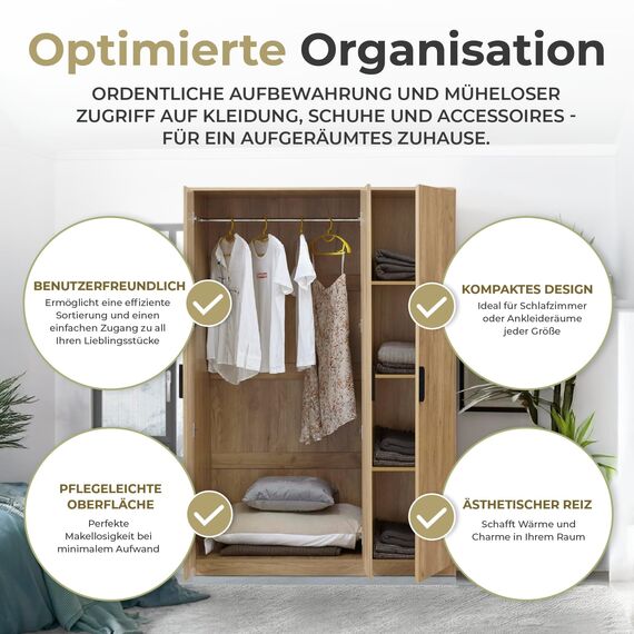[en.casa] Kleiderschrank Eiselfing Schrank mit 3 Türen Garderobenschrank 176 x 120 x 52 cm Schlafzimmerschrank 1 Kleiderstange 4 Fächer Eicheoptik