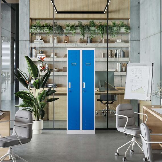 Jan Nowak Spind Schrank, Kleiderschrank, Metallschrank, Schließfachschrank | 2 Abteile mit Kleiderstange, Lüftungsschlitze, Trennwände, 4 Kleiderhaken pro Abteil | 180 cm x 60 cm x 50 cm, Grau-Blau