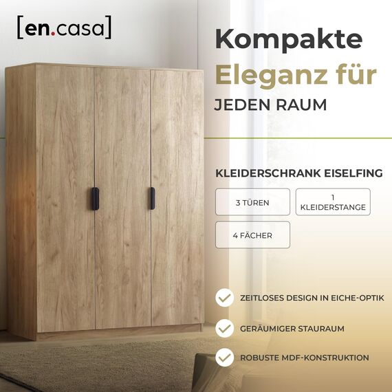 [en.casa] Kleiderschrank Eiselfing Schrank mit 3 Türen Garderobenschrank 176 x 120 x 52 cm Schlafzimmerschrank 1 Kleiderstange 4 Fächer Eicheoptik
