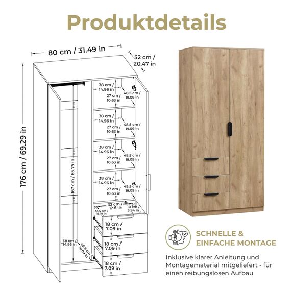 [en.casa] Kleiderschrank Eiselfing Schrank mit 2 Türen Garderobenschrank 176 x 80 x 52 cm Schlafzimmerschrank 1 Kleiderstange 4 Fächer 3 Schubladen Eicheoptik