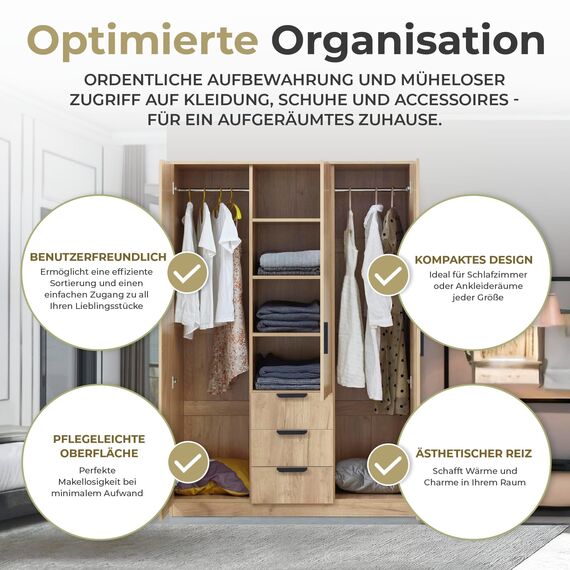 [en.casa] Kleiderschrank Eiselfing Schrank mit 3 Türen Garderobenschrank 176 x 120 x 52 cm Schlafzimmerschrank 2 Kleiderstangen 4 Fächer 3 Schubladen Eicheoptik