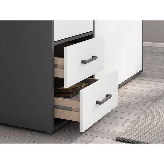 Rauch Möbel Voyager, Kleiderschrank für Schlafzimmer, Kinderzimmer, Babyzimmer, Jugendzimmer, Flur, 3-türig, 2 Schubladen, mit Zubehör Basic, Farbe Weiß/Grau metallic, Schwarz, Breite 140cm
