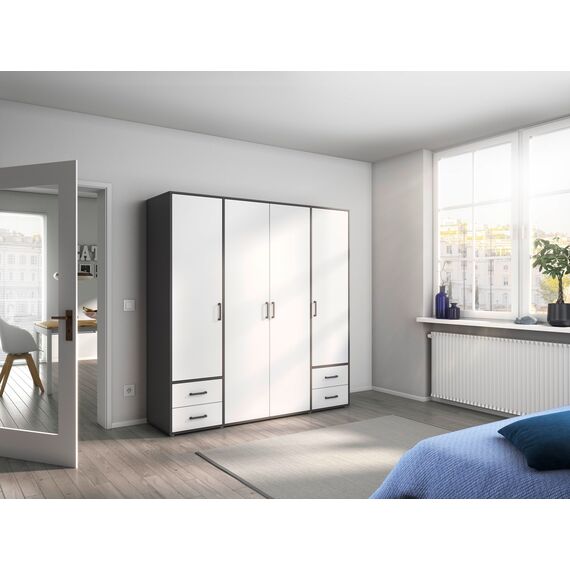 Rauch Möbel Voyager, Kleiderschrank für Schlafzimmer, Kinderzimmer, Jugendzimmer, Flur, 4-türig, 4 Schubladen, mit Zubehör Classic, Farbe Weiß/Grau metallic, Schwarz, Breite 187cm