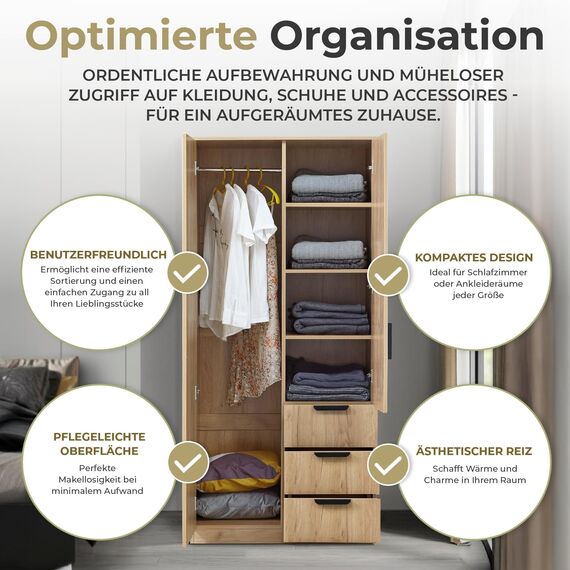[en.casa] Kleiderschrank Eiselfing Schrank mit 2 Türen Garderobenschrank 176 x 80 x 52 cm Schlafzimmerschrank 1 Kleiderstange 4 Fächer 3 Schubladen Eicheoptik