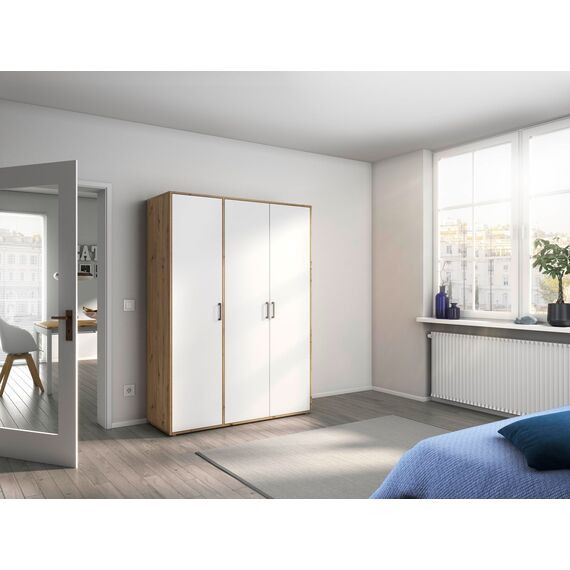 Rauch Möbel Voyager, Kleiderschrank für Schlafzimmer, Kinderzimmer, Jugendzimmer, Flur, 3-türig, mit Zubehör Premium, Farbe Weiß/Eiche Artisan, Holz, Breite 140cm