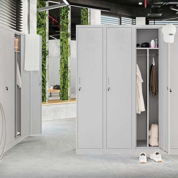 Jan Nowak Spind Schrank, Metallschrank, Kleiderschrank, Schließfachschrank | 2 Abteile mit Kleiderstange, Trennwände, Lüftungsschlitze, 4 Kleiderhaken pro Abteil | 180 cm x 80 cm x 50 cm, Grau