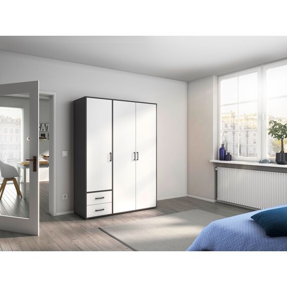 Rauch Möbel Voyager, Kleiderschrank für Schlafzimmer, Kinderzimmer, Jugendzimmer, Flur, 3-türig, 2 Schubladen, mit Zubehör Premium, Farbe Weiß/Grau metallic, Schwarz, Breite 140cm