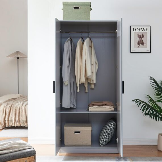 [en.casa] Kleiderschrank Eiselfing Schrank mit 2 Türen Garderobenschrank 176 x 80 x 52 cm Schlafzimmerschrank 1 Kleiderstange 1 Fach Grau
