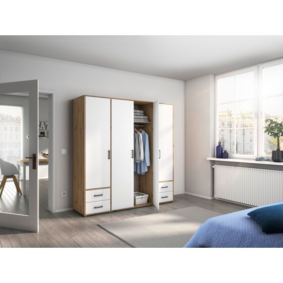 Rauch Möbel Voyager, Kleiderschrank für Schlafzimmer, Kinderzimmer, Jugendzimmer, Flur, 4-türig, 4 Schubladen, mit Zubehör Classic, Farbe Weiß/Eiche Artisan, Holz, Breite 187cm