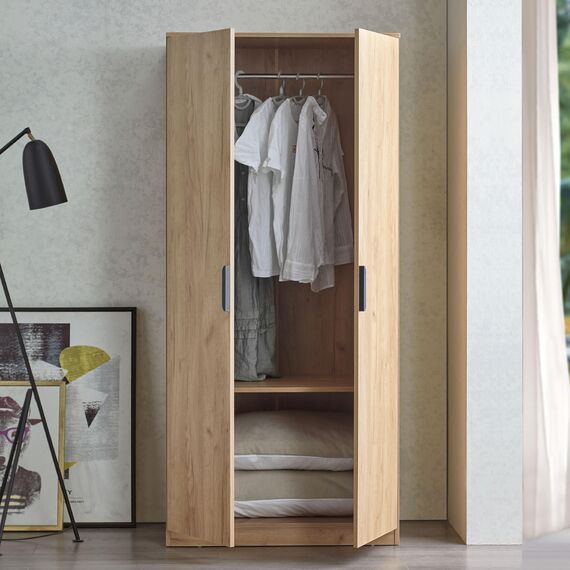 [en.casa] Kleiderschrank Eiselfing Schrank mit 2 Türen Garderobenschrank 176 x 80 x 52 cm Schlafzimmerschrank 1 Kleiderstange 1 Fach Eicheoptik