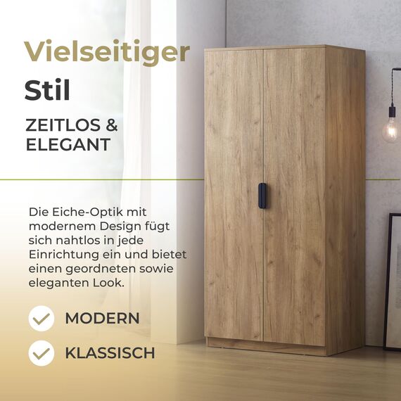 [en.casa] Kleiderschrank Eiselfing Schrank mit 2 Türen Garderobenschrank 176 x 80 x 52 cm Schlafzimmerschrank 1 Kleiderstange 1 Fach Eicheoptik