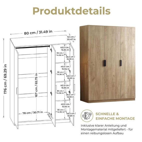 [en.casa] Kleiderschrank Eiselfing Schrank mit 3 Türen Garderobenschrank 176 x 120 x 52 cm Schlafzimmerschrank 1 Kleiderstange 4 Fächer Eicheoptik