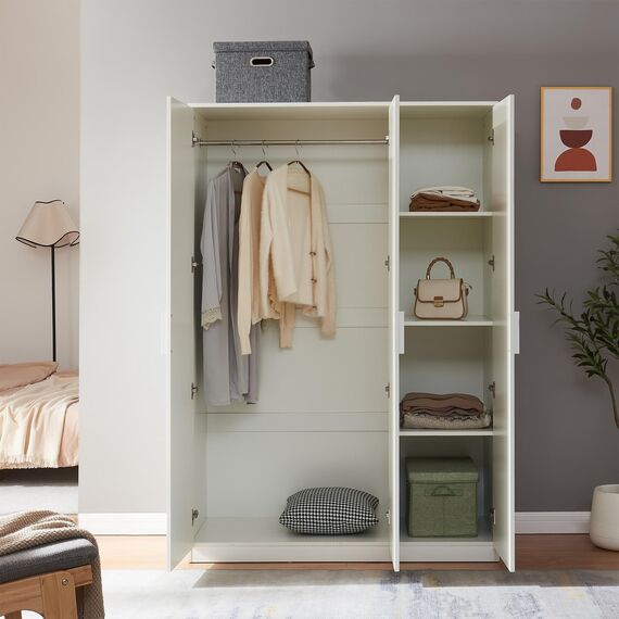 [en.casa] Kleiderschrank Eiselfing Schrank mit 3 Türen Garderobenschrank 176 x 120 x 52 cm Schlafzimmerschrank 1 Kleiderstange 4 Fächer Weiß