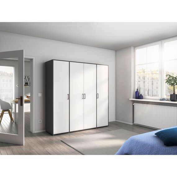 Rauch Möbel Voyager, Kleiderschrank für Schlafzimmer, Kinderzimmer, Jugendzimmer, Flur, 4-türig, mit Zubehör Premium, Farbe Weiß/Grau metallic, Schwarz, Breite 187cm