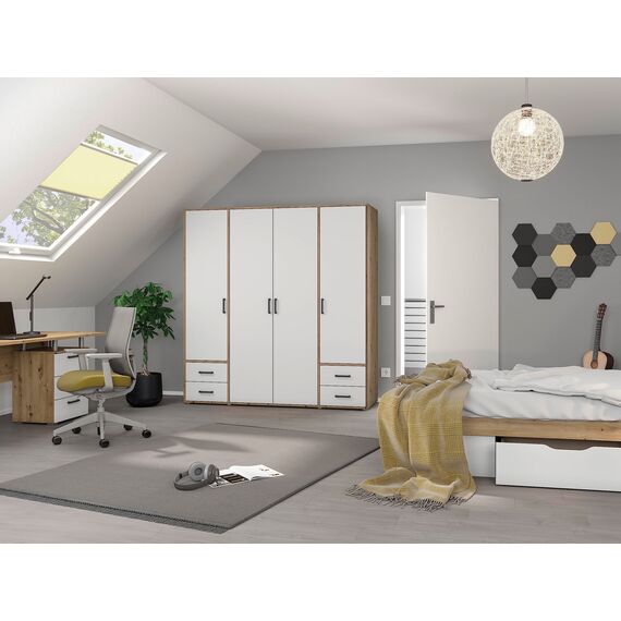 Rauch Möbel Voyager, Kleiderschrank für Schlafzimmer, Kinderzimmer, Jugendzimmer, Flur, 4-türig, 4 Schubladen, mit Zubehör Classic, Farbe Weiß/Eiche Artisan, Holz, Breite 187cm