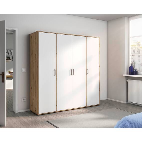 Rauch Möbel Voyager, Kleiderschrank für Schlafzimmer, Kinderzimmer, Babyzimmer, Jugendzimmer, Flur, 4-türig, mit Zubehör Basic, Farbe Weiß/Eiche Artisan, Breite 187cm