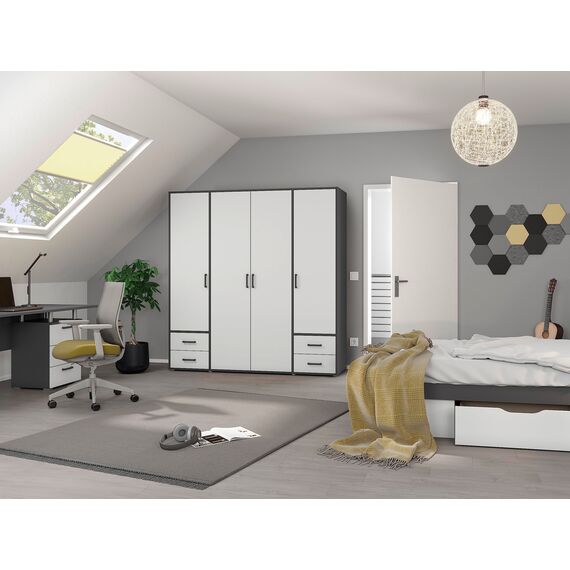 Rauch Möbel Voyager, Kleiderschrank für Schlafzimmer, Kinderzimmer, Jugendzimmer, Flur, 4-türig, 4 Schubladen, mit Zubehör Classic, Farbe Weiß/Grau metallic, Schwarz, Breite 187cm
