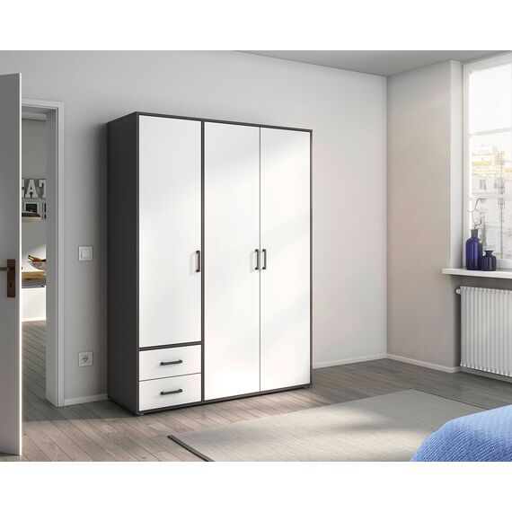 Rauch Möbel Voyager, Kleiderschrank für Schlafzimmer, Kinderzimmer, Babyzimmer, Jugendzimmer, Flur, 3-türig, 2 Schubladen, mit Zubehör Basic, Farbe Weiß/Grau metallic, Schwarz, Breite 140cm