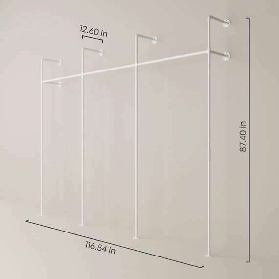 pamo Kleiderstange Wandmontage 200 kg Traglast - Offener Kleiderschrank Industrial Kleiderständer Weiß aus Metall Wasserrohren - stabil & robust