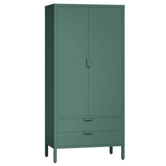 skølm Ituri Metallschrank Dunkelgrün – Kleiderschrank mit 6 Fächern, 2 Schubladen & 2 Kleiderstangen – Garderobenschrank Flur 80 cm breit – Schlafzimmerschrank Industrial – Stahlschrank Wohnzimmer