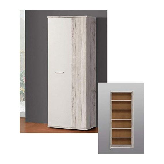 FORTE NET106 Schrank 70, Schuhschrank, Garderobenschrank, Abstellraum, Drehtürenschrank, 2-türig mit Einlegeböden, Weiß mit Holzdekor: Sandeiche, 69 cm breit x 179 cm hoch x 35 cm tief