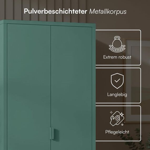 skølm Ituri Metallschrank Dunkelgrün – Kleiderschrank mit 6 Fächern & 2 Kleiderstangen – Garderobenschrank Flur 80 cm breit – Schlafzimmerschrank Industrial Style – Stahlschrank für Wohnzimmer & Büro