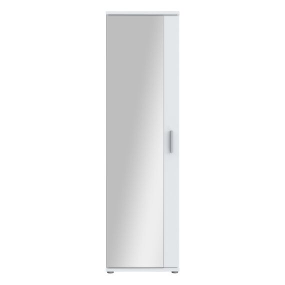 FORTE NET106 Schrank 50, Schuhschrank, Garderobenschrank, Abstellraum, Drehtürenschrank, 1-türig mit Einlegeböden, Weiß mit Spiegel, 50 cm breit x 180 cm hoch x 35 cm tief