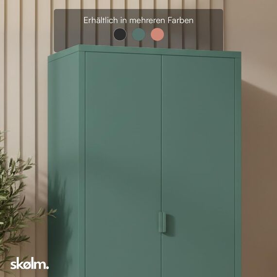skølm Ituri Metallschrank Dunkelgrün – Kleiderschrank mit 6 Fächern, 2 Schubladen & 2 Kleiderstangen – Garderobenschrank Flur 80 cm breit – Schlafzimmerschrank Industrial – Stahlschrank Wohnzimmer