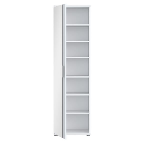 FORTE NET106 Schrank 50, Schuhschrank, Garderobenschrank, Abstellraum, Drehtürenschrank, 1-türig mit Einlegeböden, Weiß mit Spiegel, 50 cm breit x 180 cm hoch x 35 cm tief