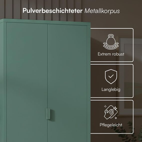 skølm Ituri Metallschrank Dunkelgrün – Kleiderschrank mit 6 Fächern, 2 Schubladen & 2 Kleiderstangen – Garderobenschrank Flur 80 cm breit – Schlafzimmerschrank Industrial – Stahlschrank Wohnzimmer