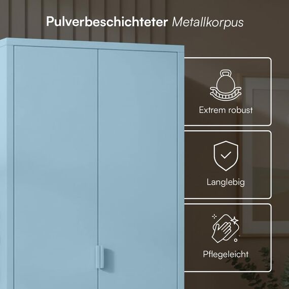skølm Ituri Metallschrank Blau – Kleiderschrank mit 6 Fächern & 2 Kleiderstangen – Garderobenschrank Flur 80 cm breit – Schlafzimmerschrank Industrial Style – Stahlschrank für Wohnzimmer & Büro