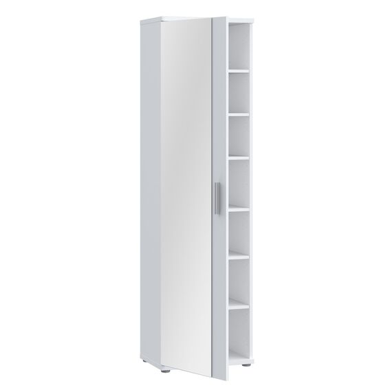 FORTE NET106 Schrank 50, Schuhschrank, Garderobenschrank, Abstellraum, Drehtürenschrank, 1-türig mit Einlegeböden, Weiß mit Spiegel, 50 cm breit x 180 cm hoch x 35 cm tief