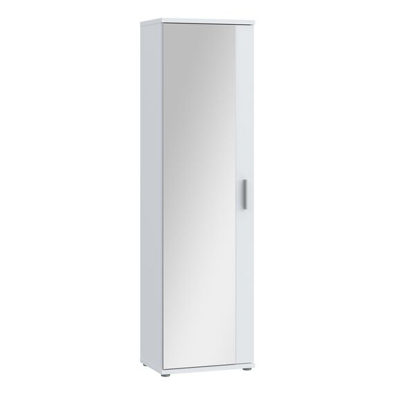 FORTE NET106 Schrank 50, Schuhschrank, Garderobenschrank, Abstellraum, Drehtürenschrank, 1-türig mit Einlegeböden, Weiß mit Spiegel, 50 cm breit x 180 cm hoch x 35 cm tief